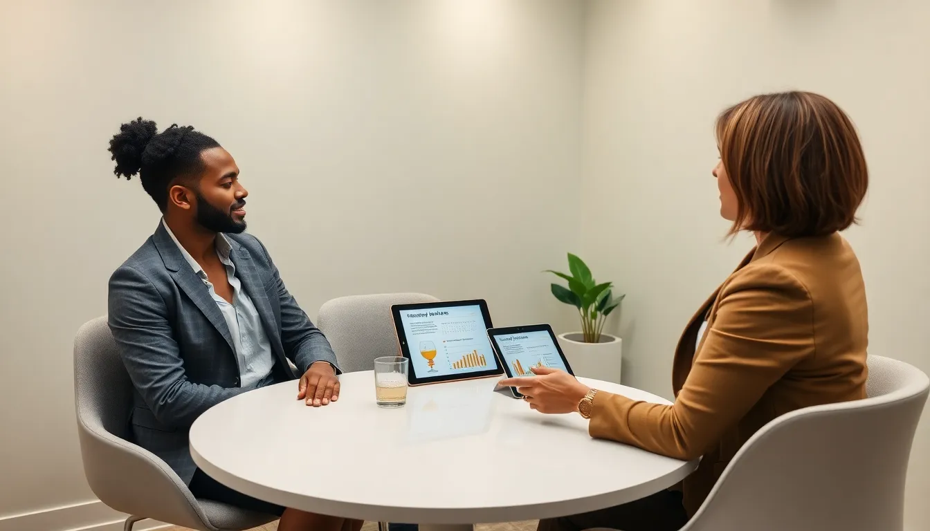couple discussing fertility choices with a professional advisor in a modern setting.