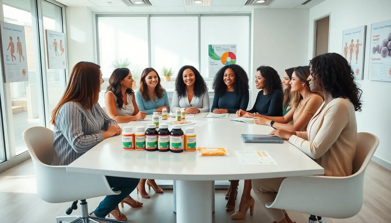 diverse women discussing prenatal vitamins in a modern office.