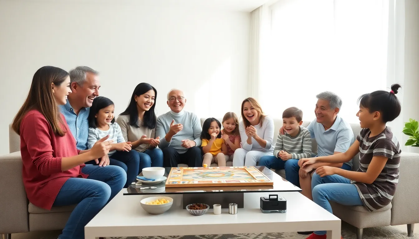 family playing a board game together in a cozy living room.