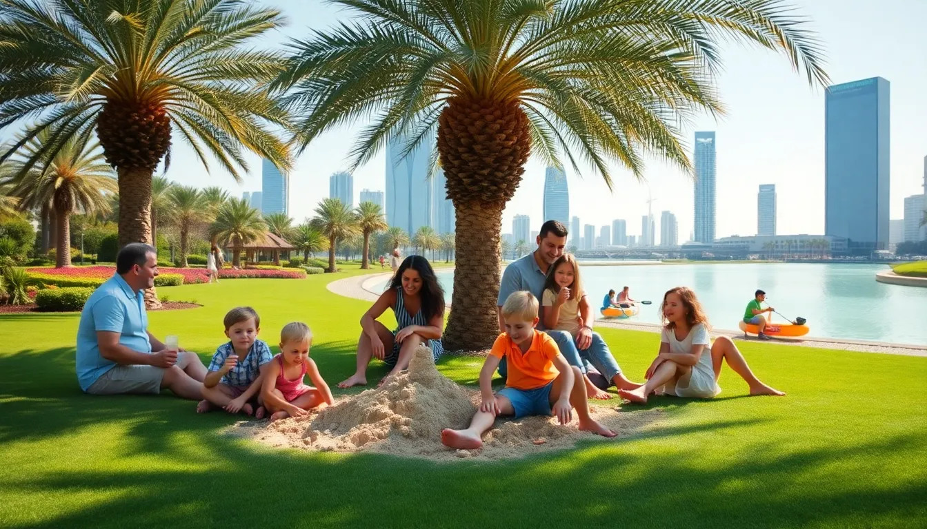 family enjoying outdoor activities in a park in Dubai.