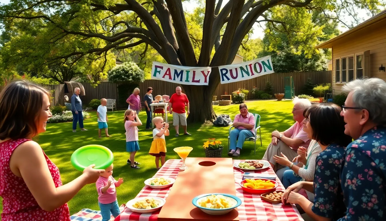 diverse family enjoying games at a reunion in a sunny backyard.