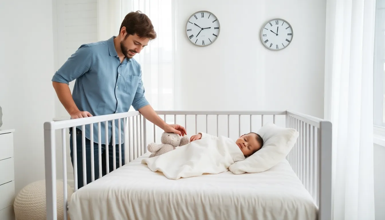 peaceful nursery with a sleeping baby and attentive parent.