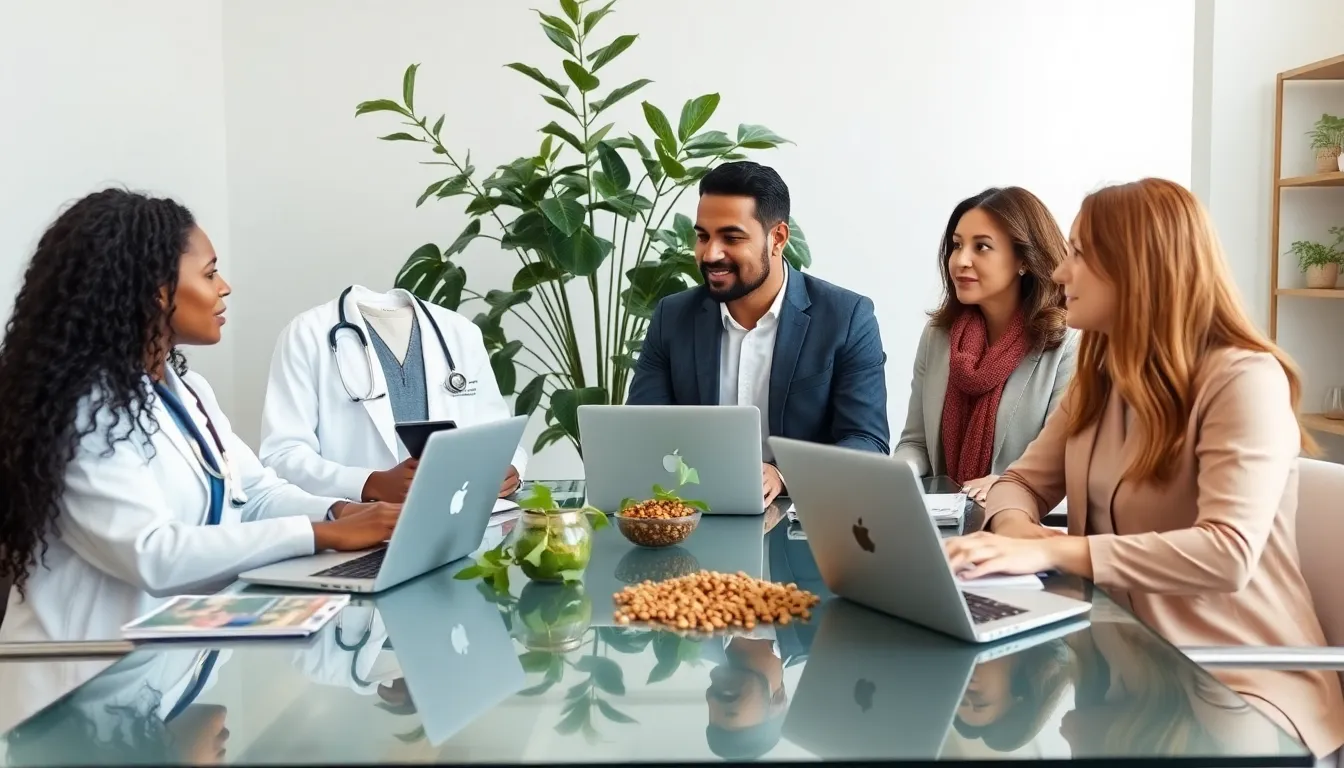 diverse healthcare professionals discussing ashwagandha and fertility in a modern office.