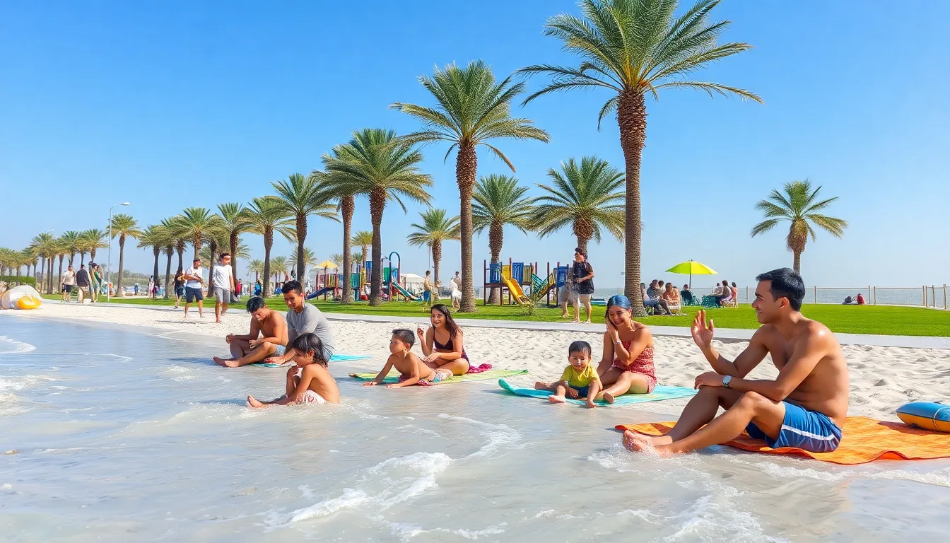 Families enjoying outdoor activities at Kite Beach in Dubai.