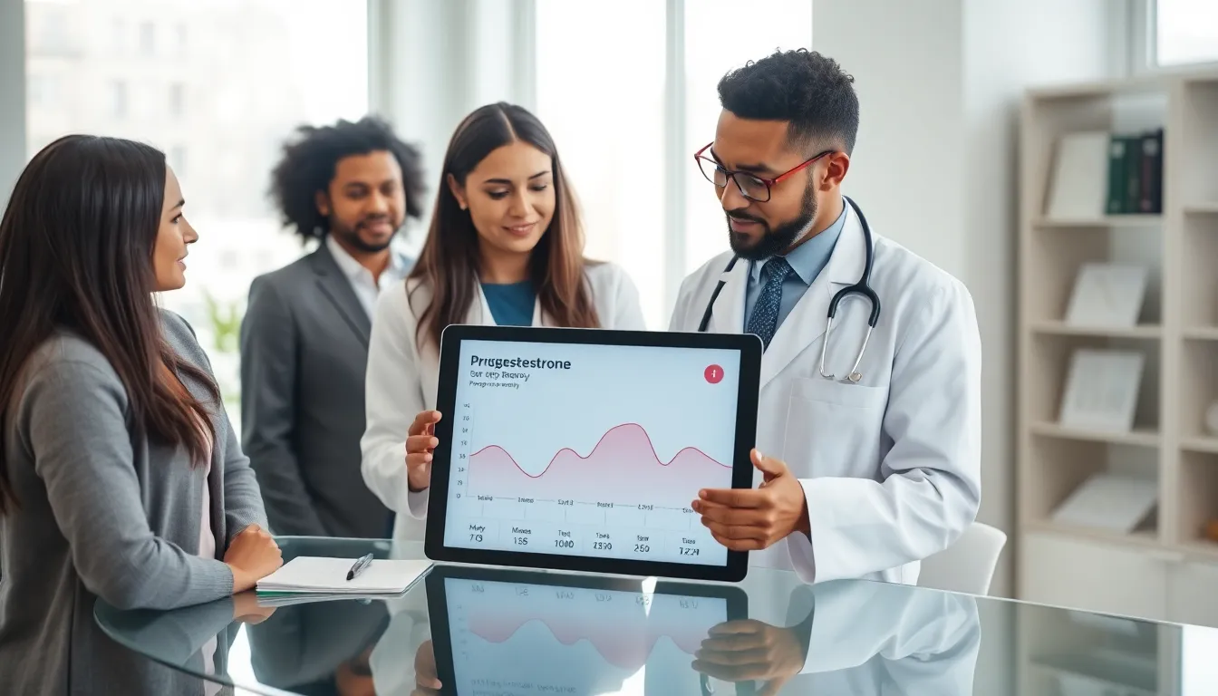 medical professionals discussing progesterone and conception in a modern office.