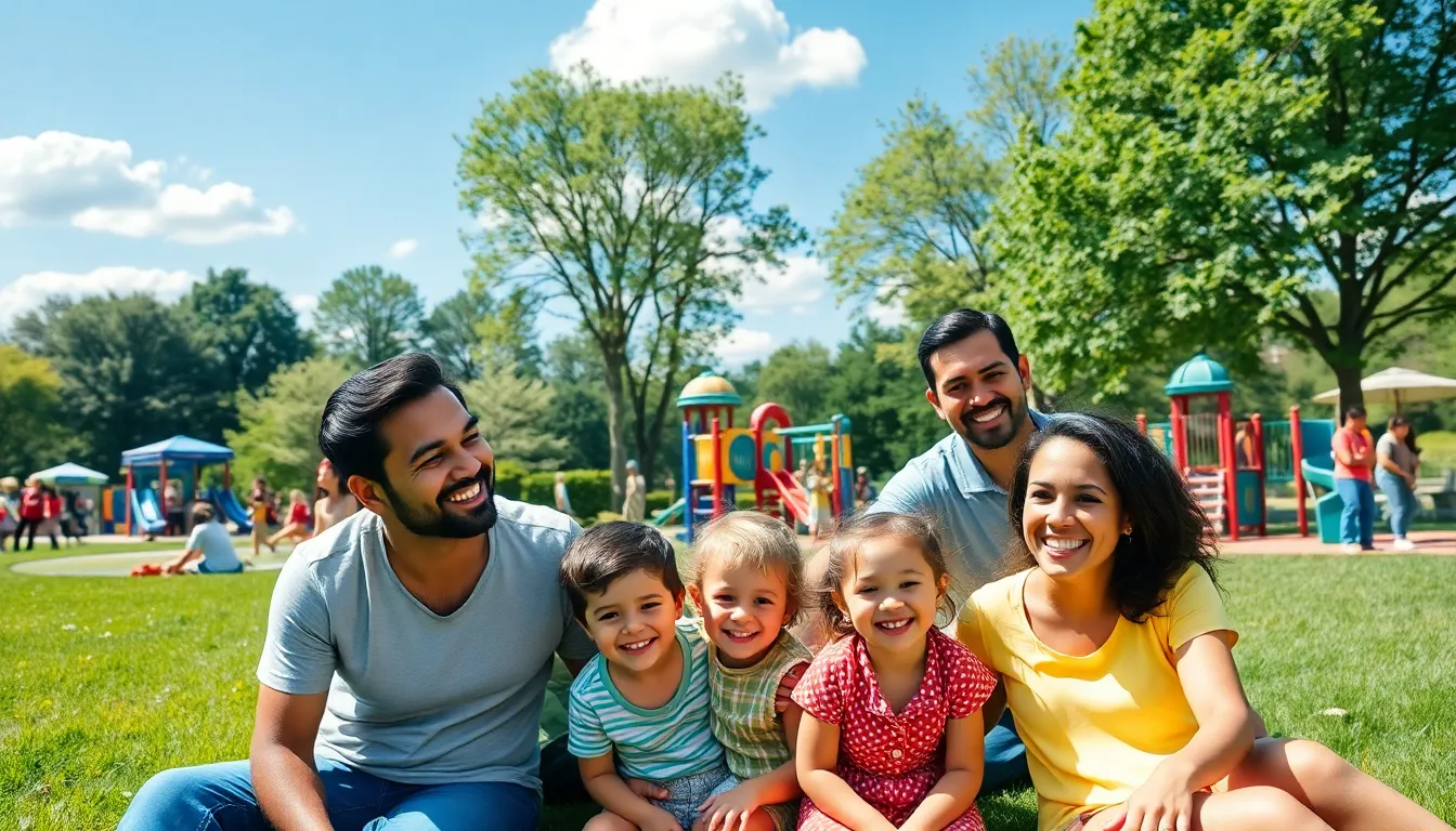 family enjoying a sunny day at Lincoln Park in Chicago.
