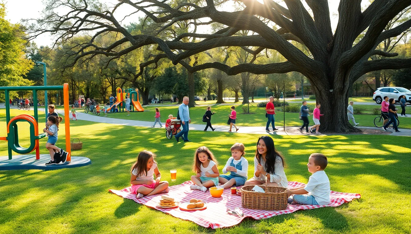 Families enjoying a sunny day at a local park with activities.